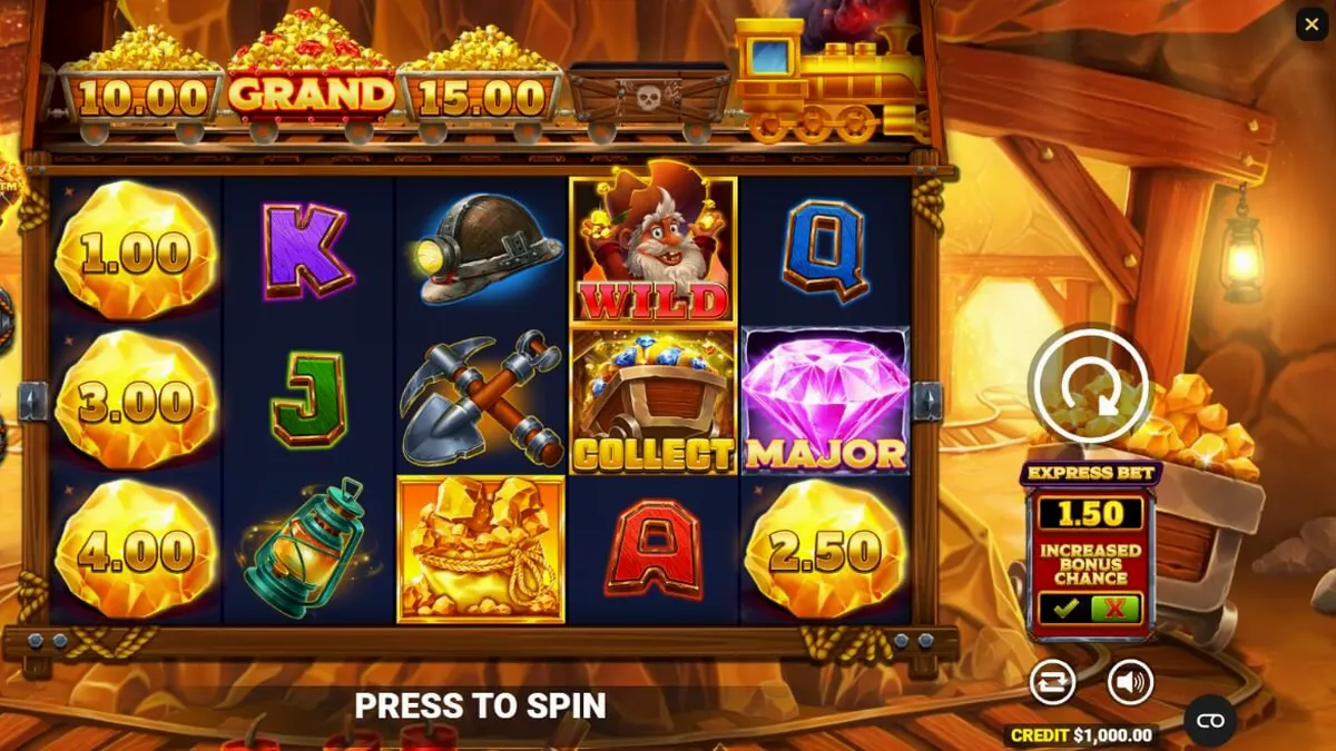 Tampilan visual slot Gold Strike Express dengan rel kereta di atas gulungan