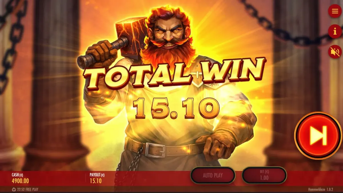 Tampilan visual grid 7x7 slot Hammerblaze dengan latar belakang bengkel dewa Hephaestus yang berapi-api.