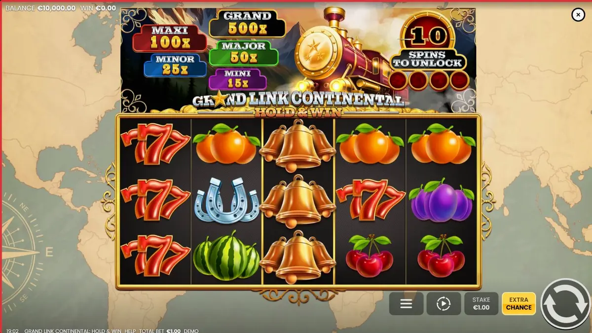 Tampilan visual slot Grand Link Continental: Hold & Win dengan tema kereta mewah
